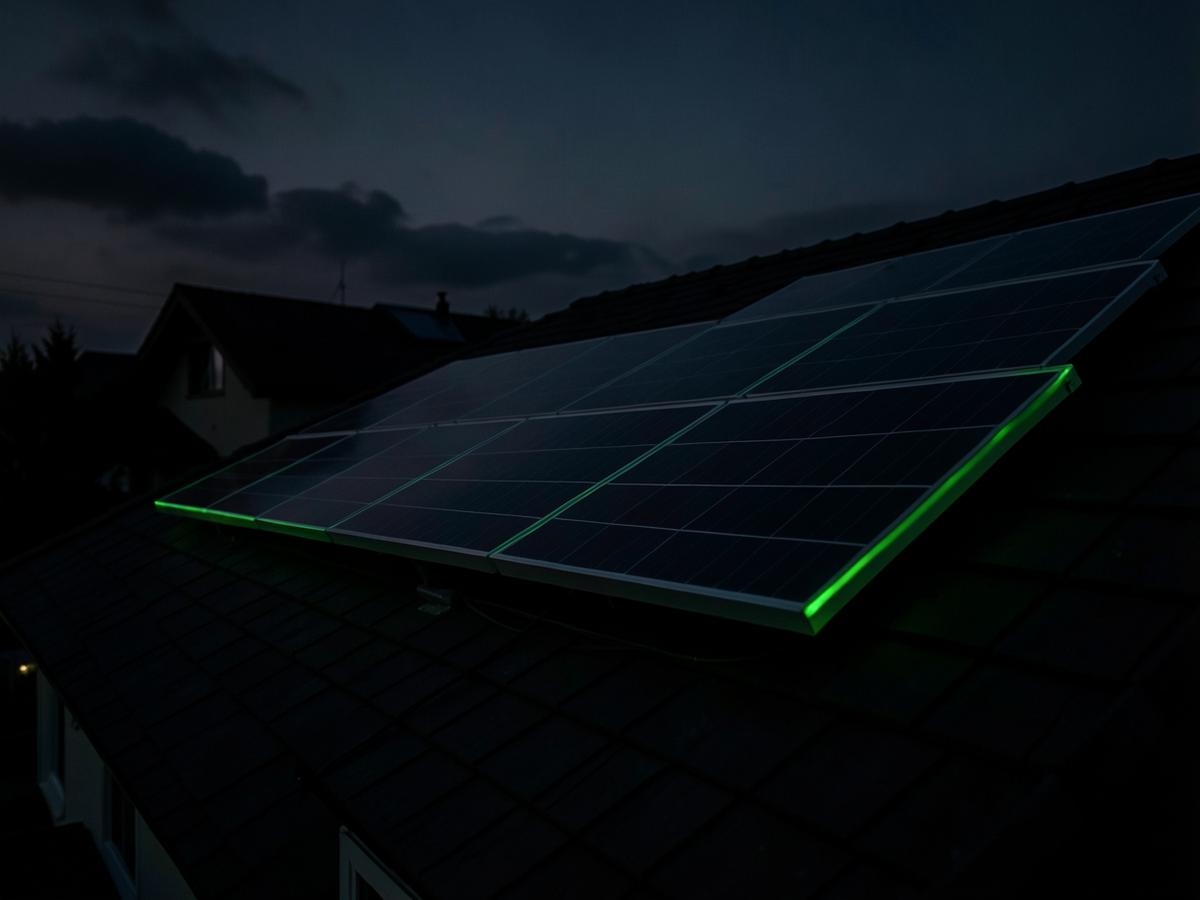 Painéis solares em um telhado com brilho verde